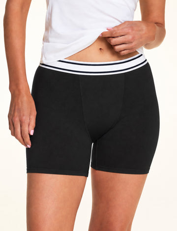 Front view of the Cloud Cotton Boxer Brief in Black. sizing: Megan wears size Small