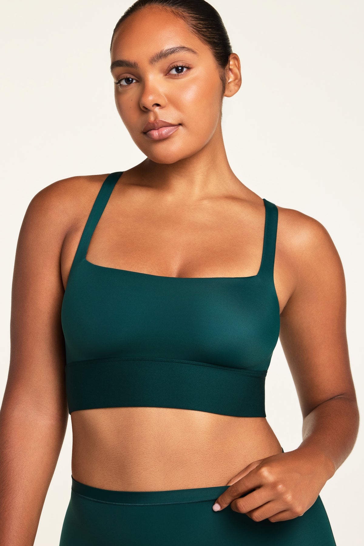 Front on-model shot of the Bliss Square Neck Bralette in Pine paired with the Bliss Boyshort in Pine.
