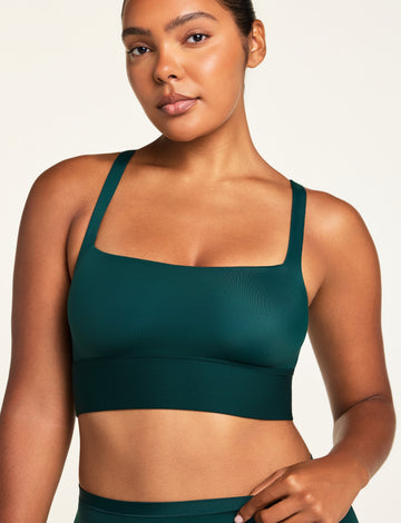 Front on-model shot of the Bliss Square Neck Bralette in Pine paired with the Bliss Boyshort in Pine. sizing: Amber wears size Medium