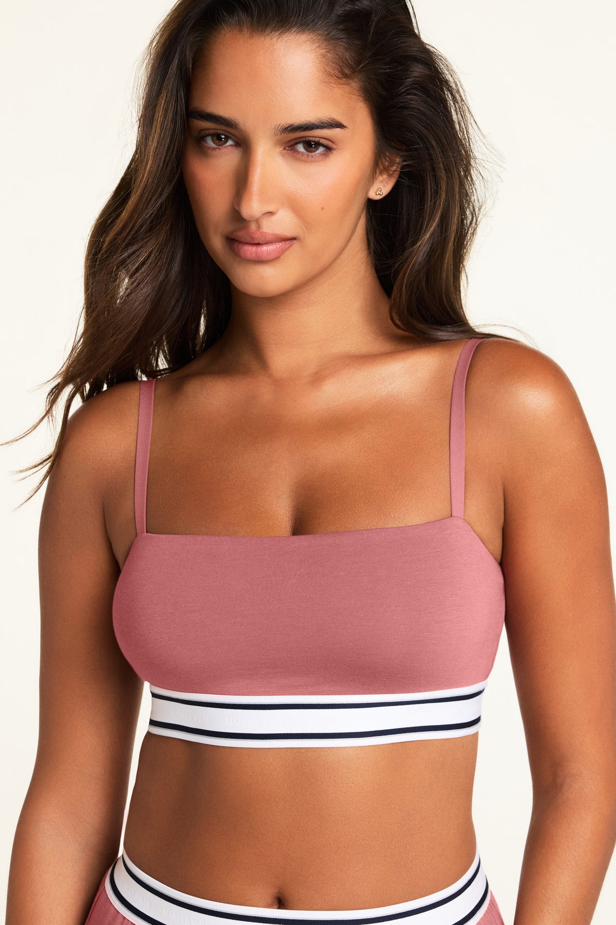Front on-model shot of the Cloud Cotton Bandeau Bralette in Winter Rose paired with the Cloud Cotton Pant in Winter Rose.