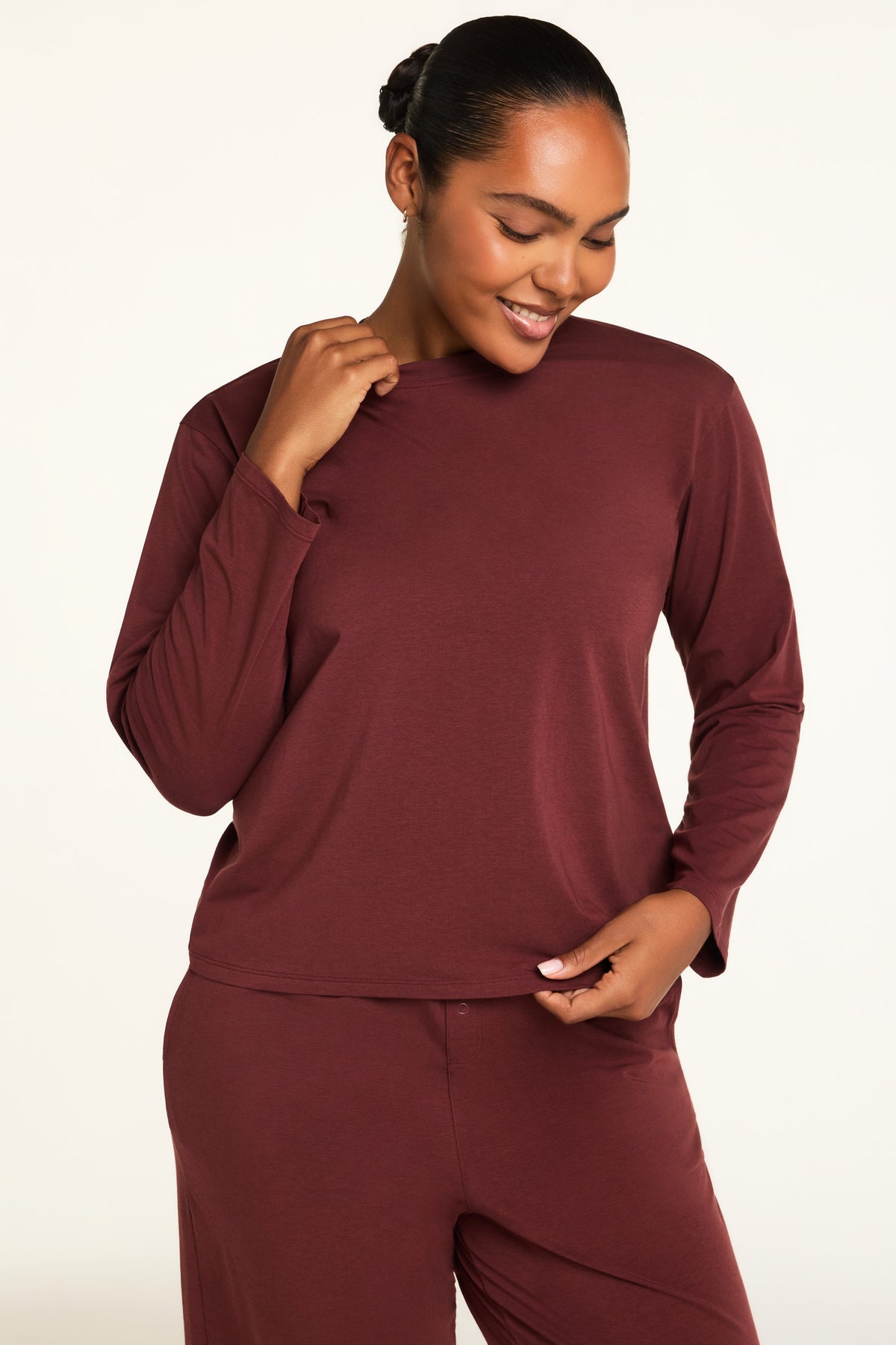 Front on-model shot of the Cloud Cotton Long Sleeve T-Shirt in Cabernet paired with the Cloud Cotton Pant in Cabernet.