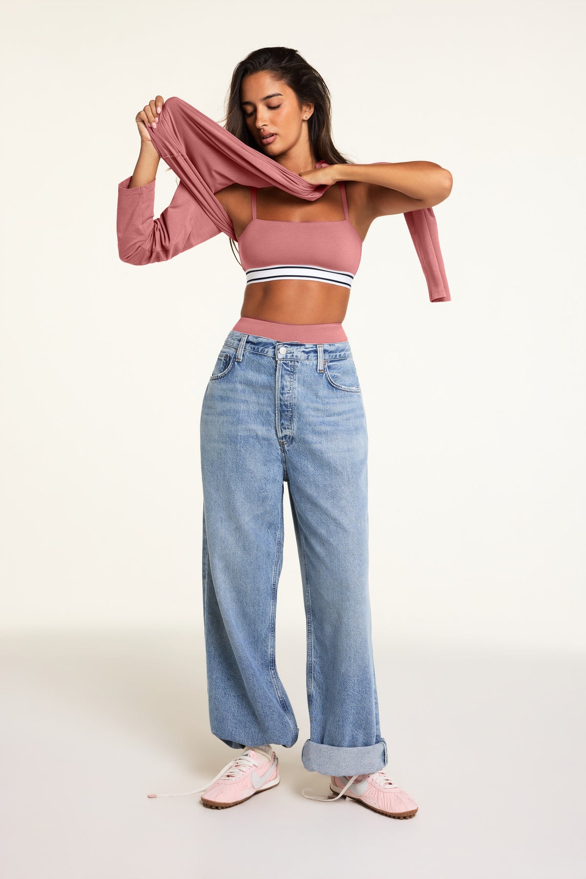 Editorial on-model shot of the Cloud Cotton Long Sleeve T-Shirt in Winter Rose styled with the Cloud Cotton Highwaist Boyshort in Winter Rose.