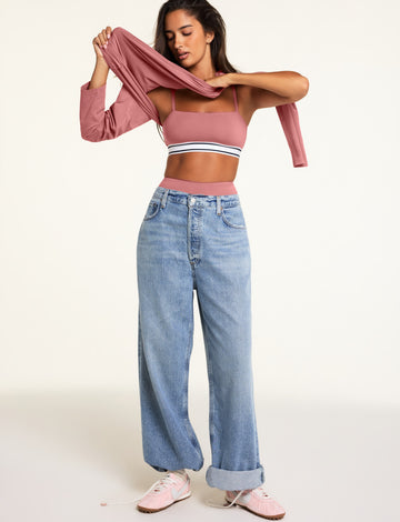 Editorial on-model shot of the Cloud Cotton Long Sleeve T-Shirt in Winter Rose styled with the Cloud Cotton Highwaist Boyshort in Winter Rose.