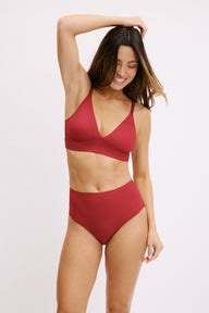 Full-length front view of the Bliss Highwaist Brief in Ruby paired with the Bliss Triangle Bralette in Ruby.