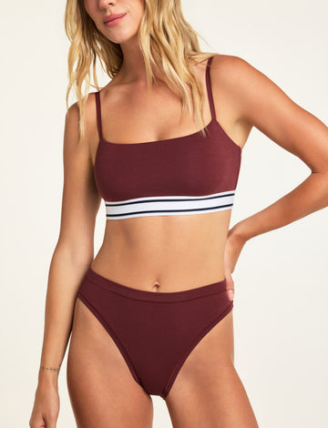 Three-quarter front view of the Cloud Cotton French Cut Brief in Cabernet paired with the Cloud Cotton Bandeau Bralette in Cabernet.