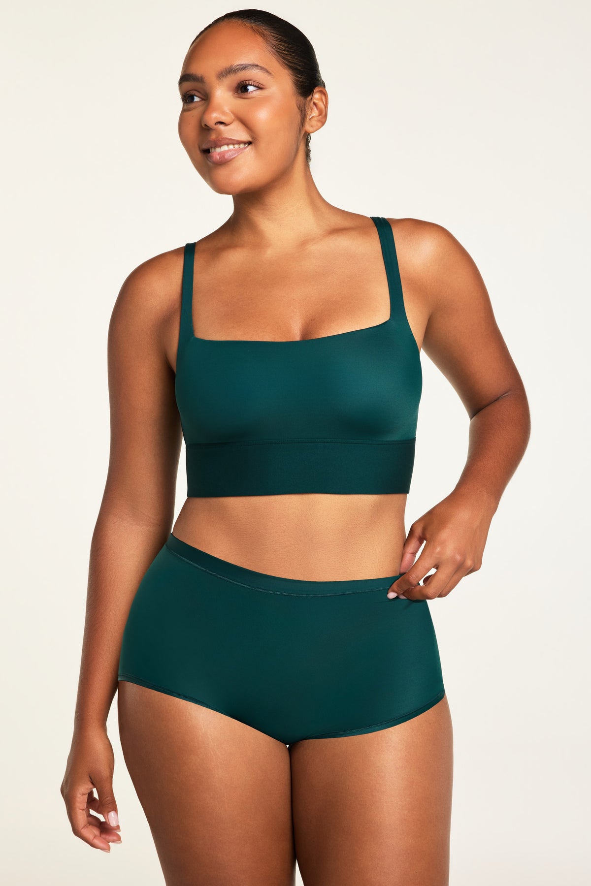 Three-quarter front view of the Bliss Square Neck Bralette in Pine paired with the Bliss Boyshort in Pine.