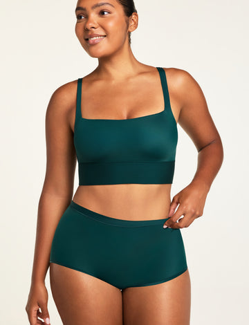 Three-quarter front view of the Bliss Square Neck Bralette in Pine paired with the Bliss Boyshort in Pine.