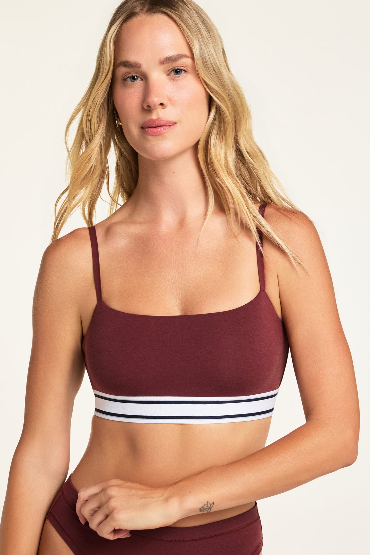 Three-quarter front view of the Cloud Cotton Bandeau Bralette in Cabernet paired with the Cloud Cotton French Cut Brief in Cabernet.