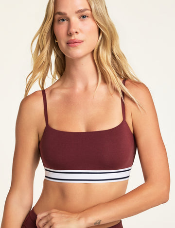 Three-quarter front view of the Cloud Cotton Bandeau Bralette in Cabernet paired with the Cloud Cotton French Cut Brief in Cabernet.
