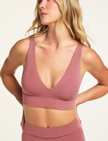 Three-quarter front view of the Cloud Cotton Plunge Bralette in Winter Rose paired with the Cloud Cotton Highwaist Boyshort in Winter Rose.