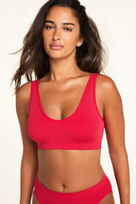 Three-quarter front view of the Knit Seamless Bralette in Cherry paired with the Knit Seamless French Cut Brief in Cherry.