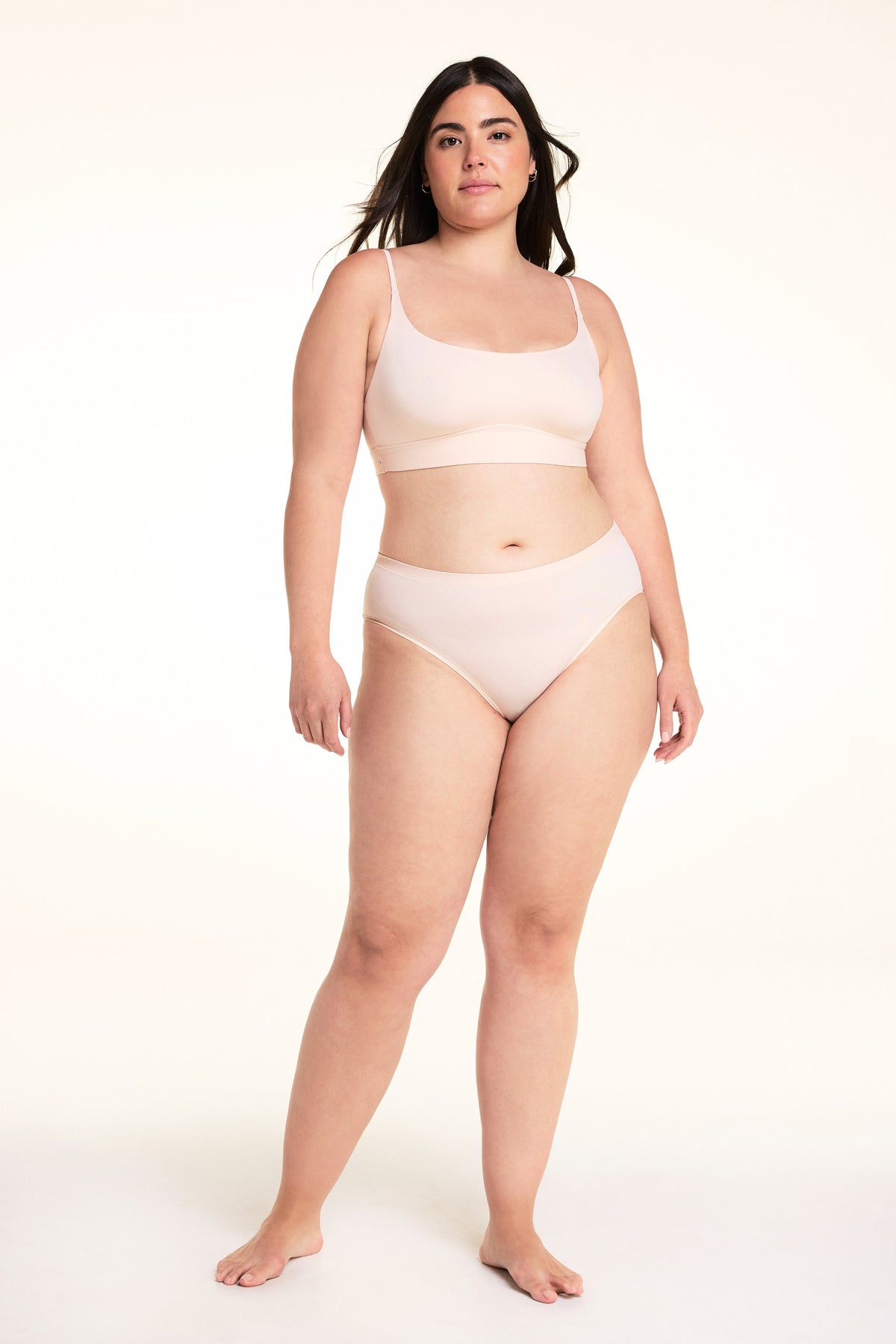 Full-length front view of the Bliss Thin-Strap Scoop Bralette in Rose.