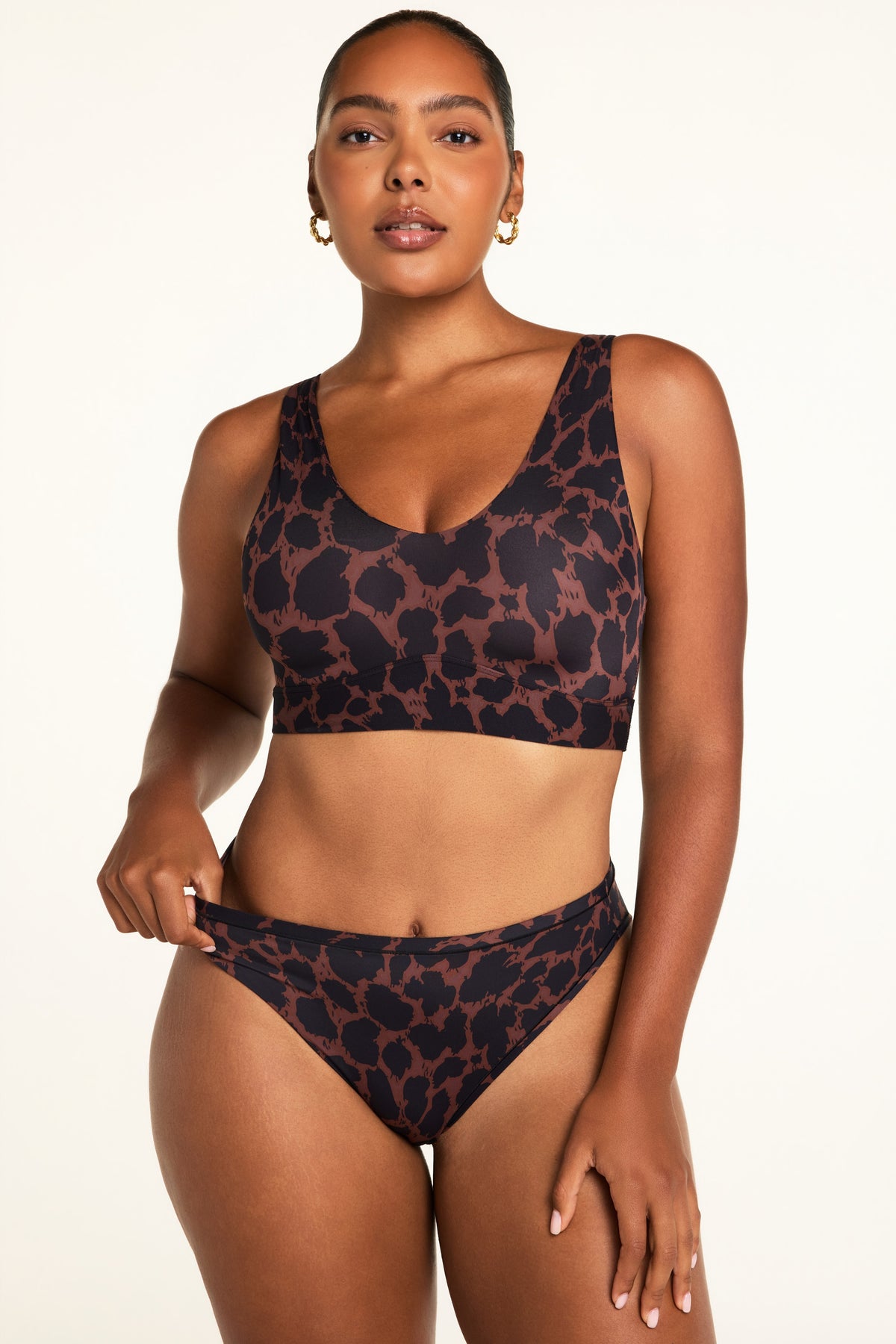 Back on-model view of the Bliss French Cut Brief in Leopard paired with the Bliss Bralette in Leopard.