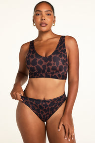 Back on-model view of the Bliss French Cut Brief in Leopard paired with the Bliss Bralette in Leopard.