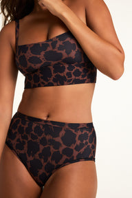 Back on-model view of the Bliss Highwaist Brief in Leopard paired with the Bliss Square Neck Bralette in Leopard.