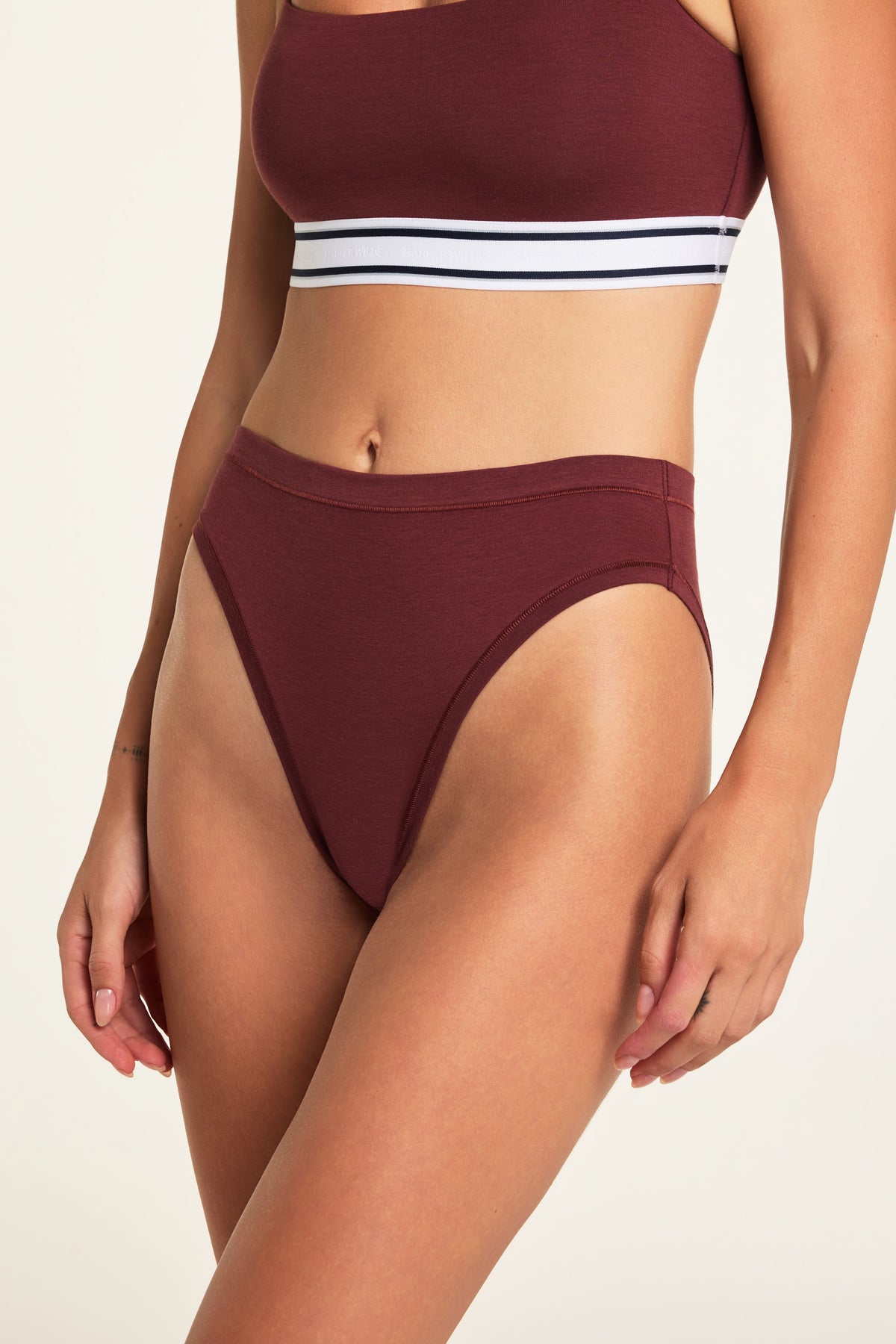 Back on-model view of the Cloud Cotton French Cut Brief in Cabernet paired with the Cloud Cotton Bandeau Bralette in Cabernet.