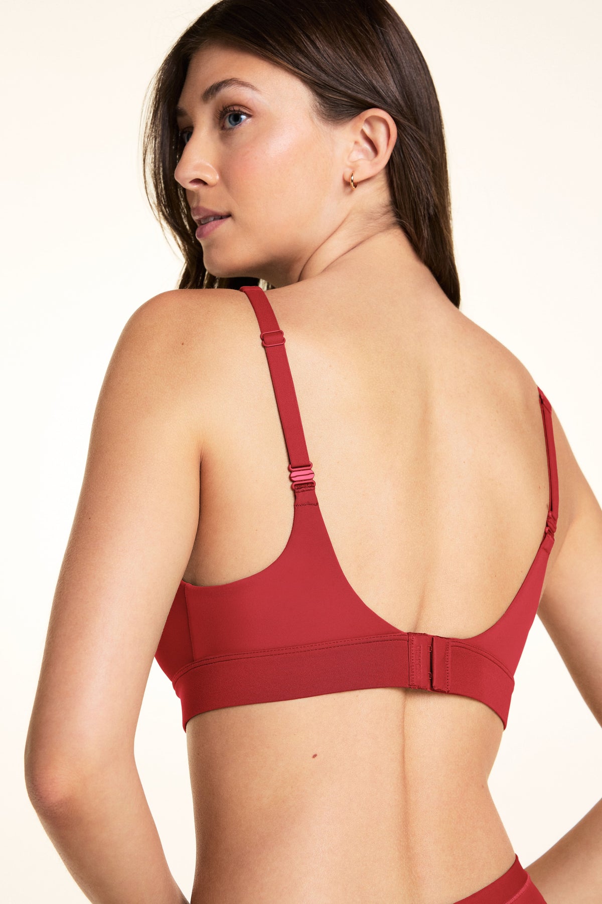 Back view of the Bliss Plunge Adjustable Bralette in Ruby paired with the Bliss Boyshort in Ruby.