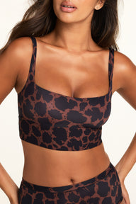Back on-model view of the Bliss Square Neck Bralette in Leopard paired with the Bliss Highwaist Brief in Leopard.