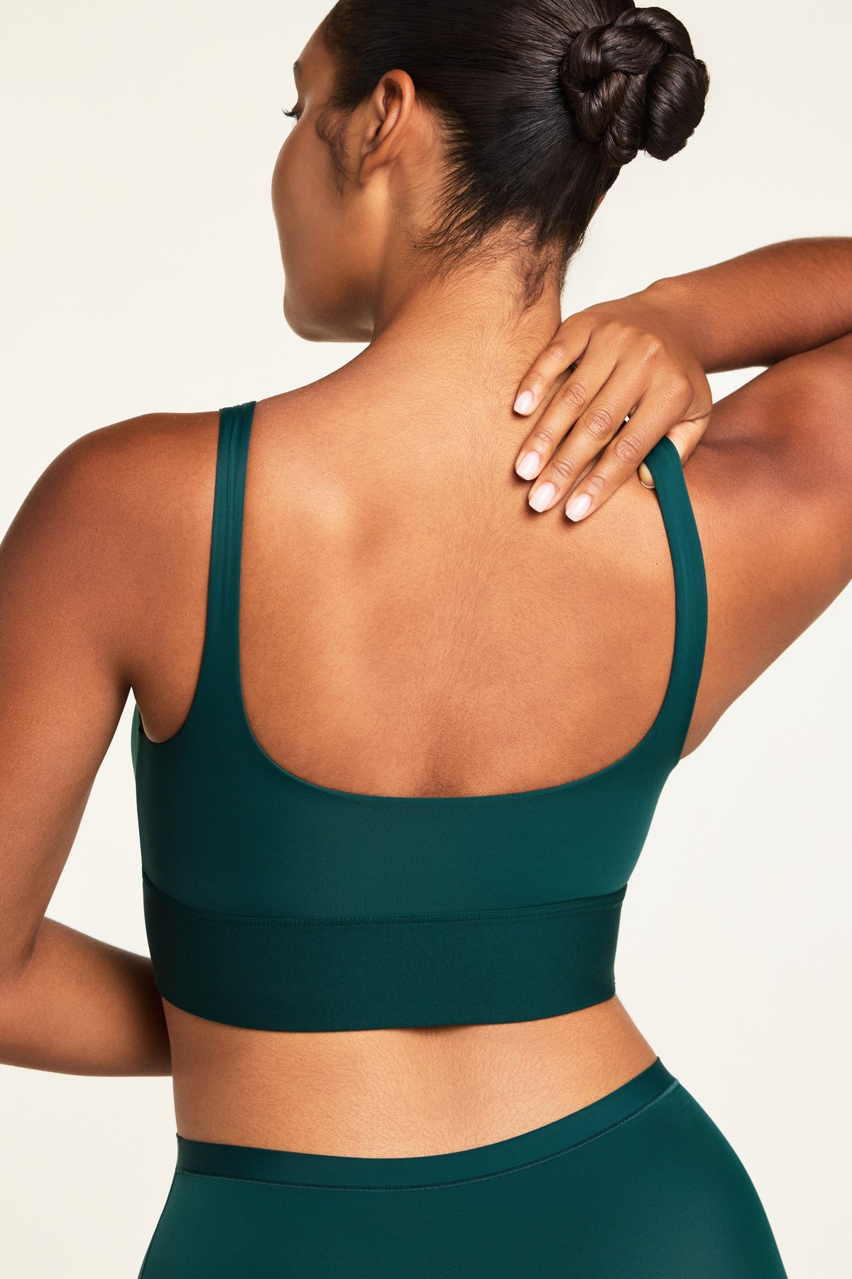 Back on-model view of the Bliss Square Neck Bralette in Pine paired with the Bliss Boyshort in Pine.