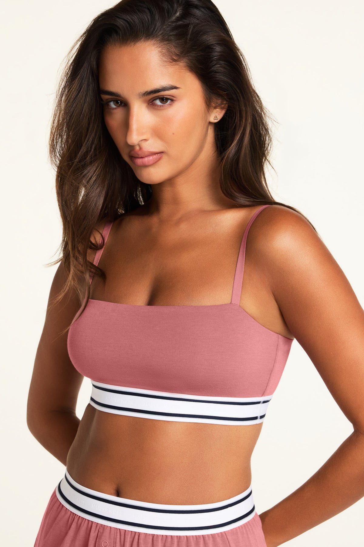 Back on-model view of the Cloud Cotton Bandeau Bralette in Winter Rose paired with the Cloud Cotton Pant in Winter Rose.