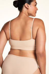 Back view of the Bliss Thin-Strap Scoop Bralette in Beige.