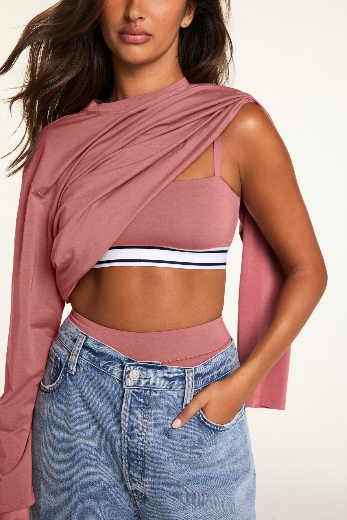 Editorial on-model shot of the Cloud Cotton Long Sleeve T-Shirt in Winter Rose styled with the Cloud Cotton Highwaist Boyshort in Winter Rose.