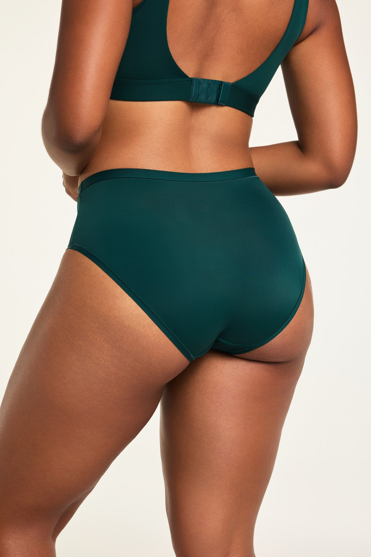 Close-up front view of the Bliss French Cut Brief in Pine paired with the Bliss Scoop Bralette in Pine.