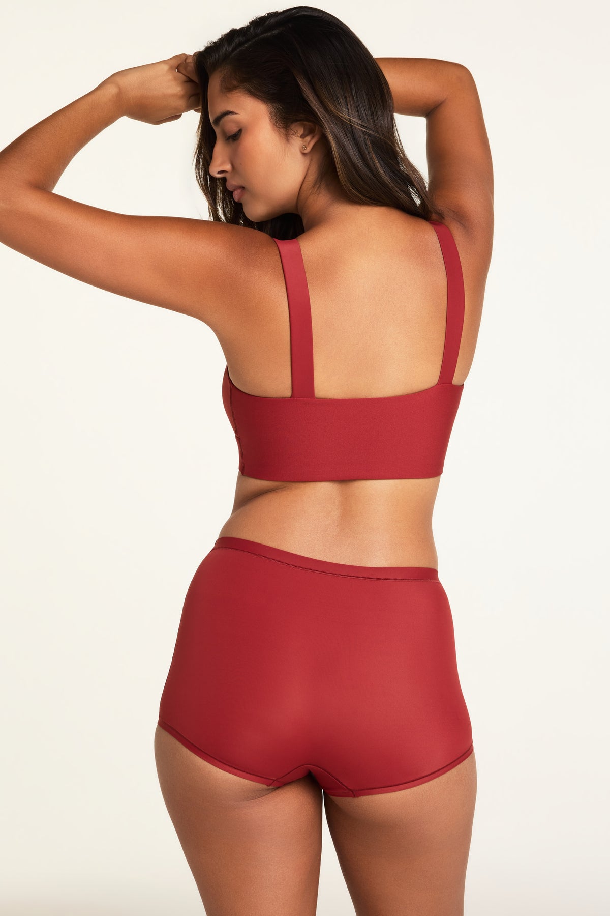 Close-up front view of the Bliss Boyshort in Ruby paired with the BlissSmooth Bralette in Ruby.