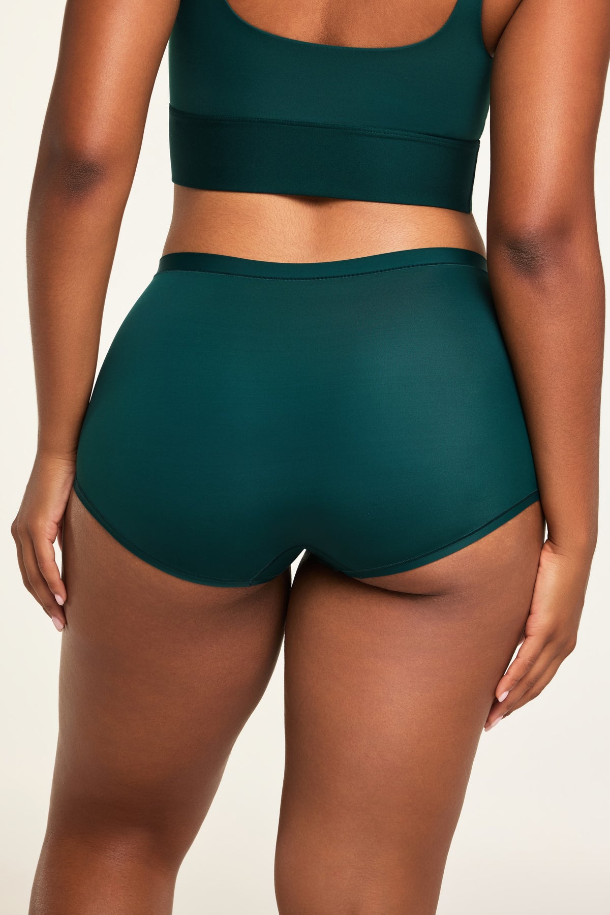 Close-up front view of the Bliss Boyshort in Pine paired with the Bliss Square Neck Bralette in Pine.