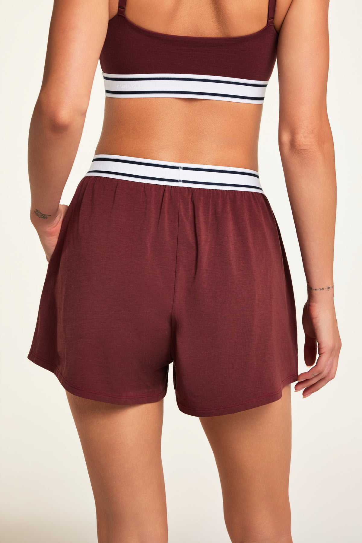 Close-up front view of the Cloud Cotton Short in Cabernet paired with the Cloud Cotton T-Shirt in Cabernet.