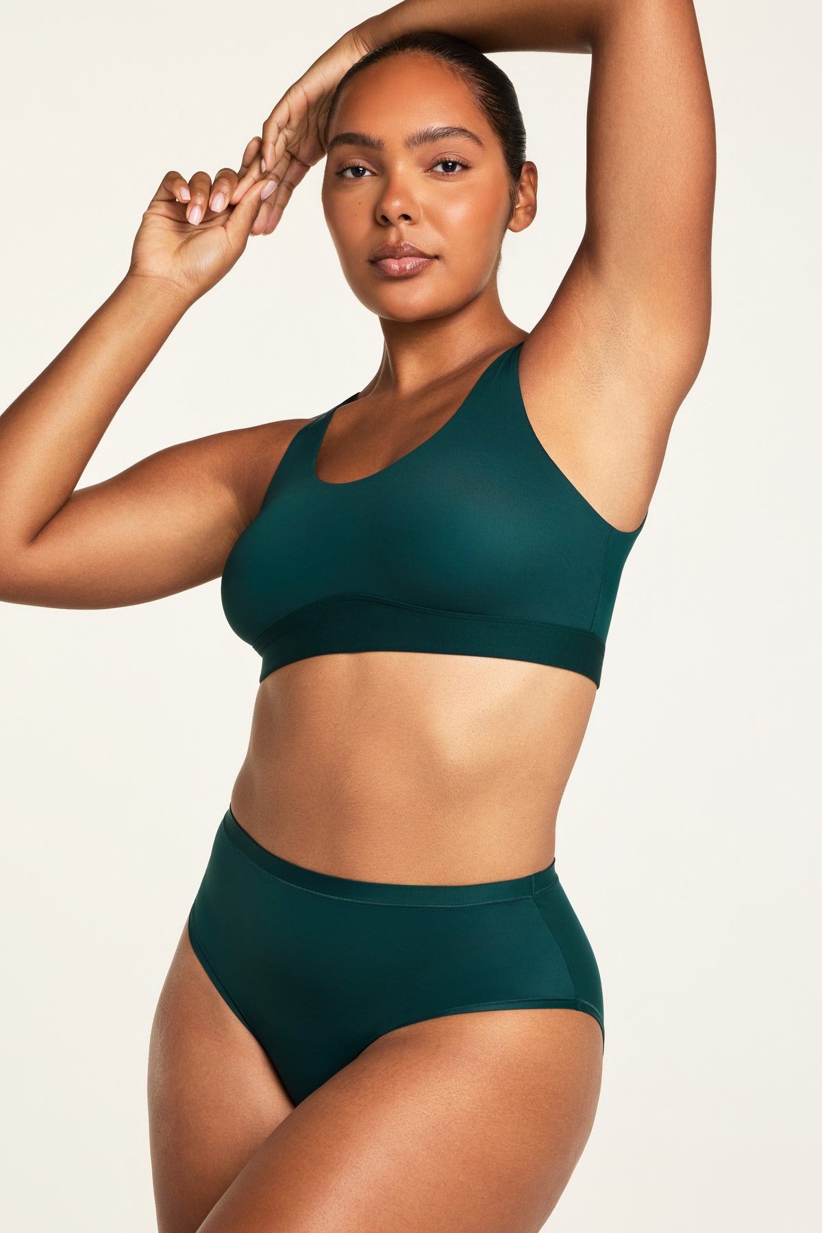 Close-up front view of the Bliss Scoop Bralette in Pine paired with the Bliss French Cut Brief in Pine.