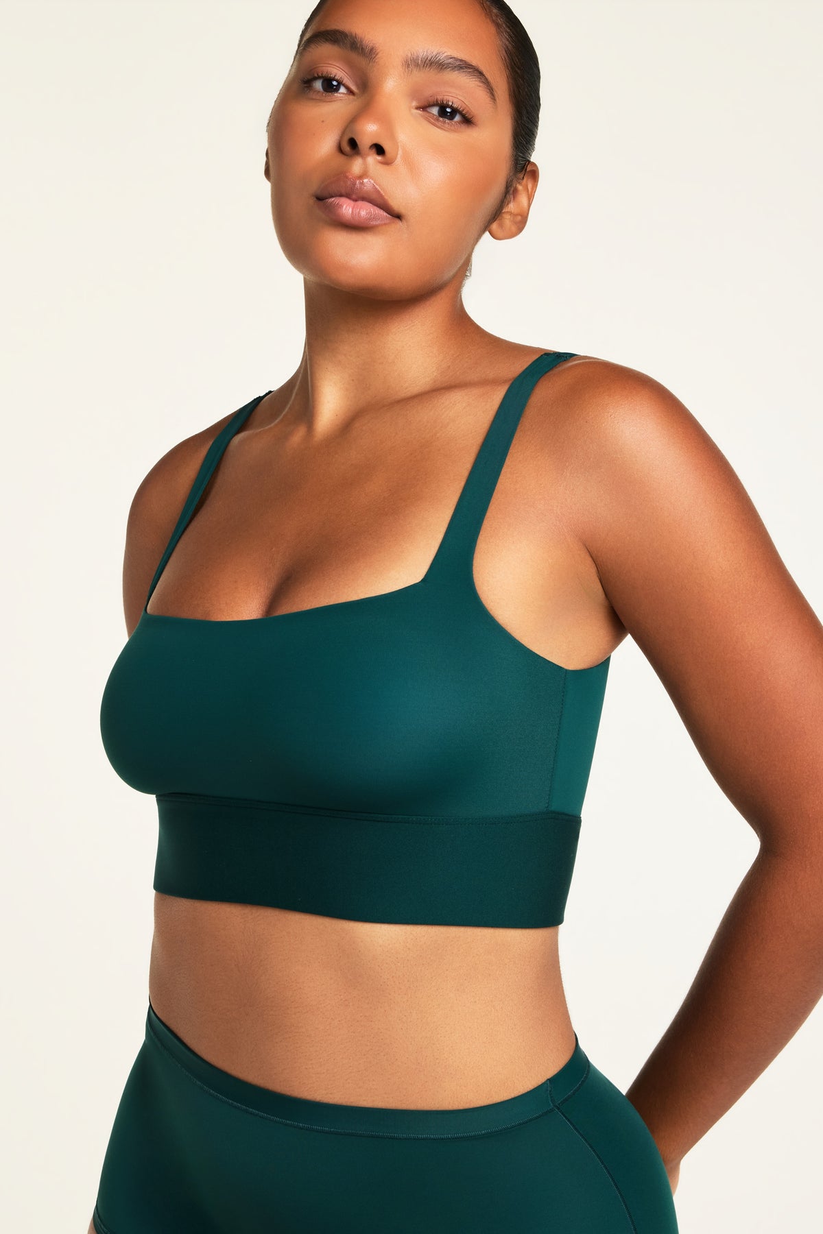 Close-up front view of the Bliss Square Neck Bralette in Pine paired with the Bliss Boyshort in Pine.