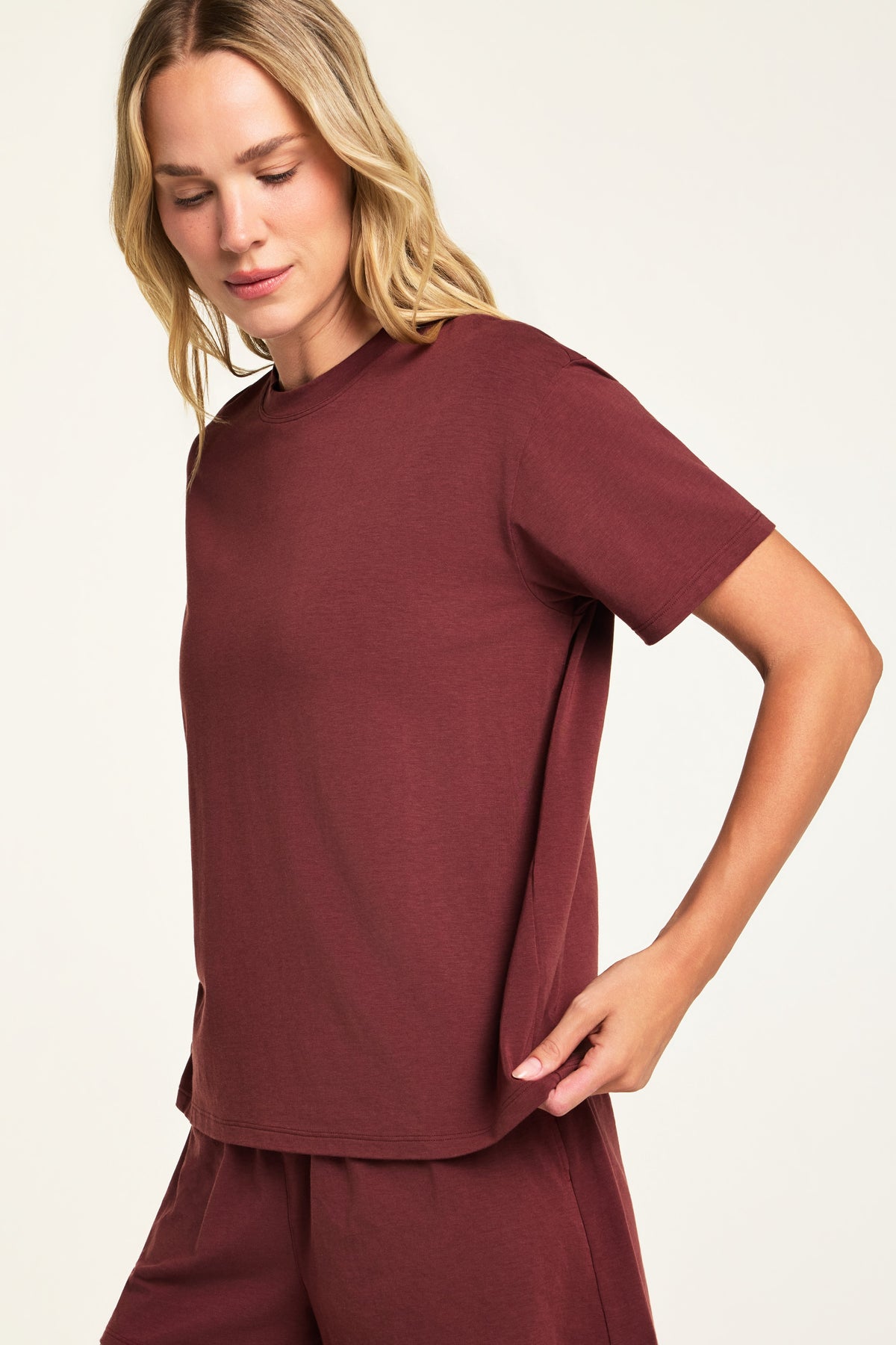 Close-up front view of the Cloud Cotton T-Shirt in Cabernet paired with the Cloud Cotton Short in Cabernet.