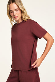 Close-up front view of the Cloud Cotton T-Shirt in Cabernet paired with the Cloud Cotton Short in Cabernet.