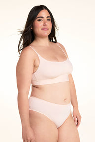Three-quarter front view of the Bliss Thin-Strap Scoop Bralette in Rose.