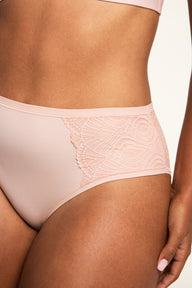 Side view of the Bliss Lace Highwaist Brief in Ember Rose, showing the high-rise silhouette and lace side panel detail