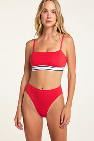 Side on-model view of the Cloud Cotton French Cut Brief in Cherry paired with the Cloud Cotton Bandeau Bralette in Cherry.