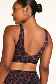 Side on-model view of the Bliss Bralette in Leopard paired with the Bliss French Cut Brief in Leopard.