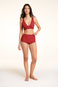 Full-length front view of the Bliss Plunge Adjustable Bralette in Ruby paired with the Bliss Boyshort in Ruby.