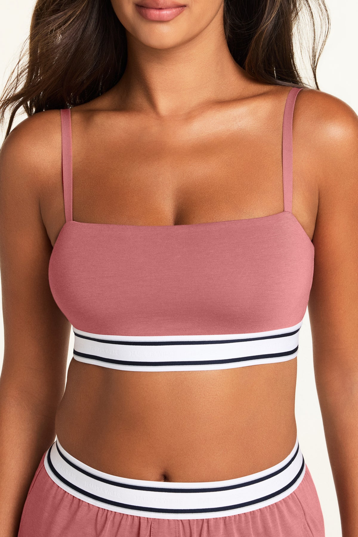 Side on-model view of the Cloud Cotton Bandeau Bralette in Winter Rose paired with the Cloud Cotton Pant in Winter Rose.