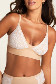 Close-up front view of the Bliss Lace Bralette in Beige, highlighting the white geometric fan lace cup pattern and smooth beige underband, paired with the Bliss Lace Highwaist Brief in Beige with white lace side panel detail at the waistband