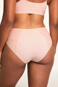 Back view of the Bliss Lace Highwaist Brief in Ember Rose, showing the decorative lace back panel and full coverage