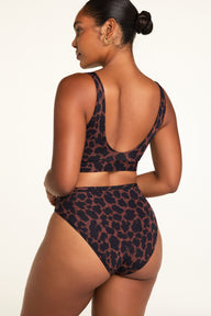 Three-quarter back view of the Bliss Bralette in Leopard paired with the Bliss French Cut Brief in Leopard.