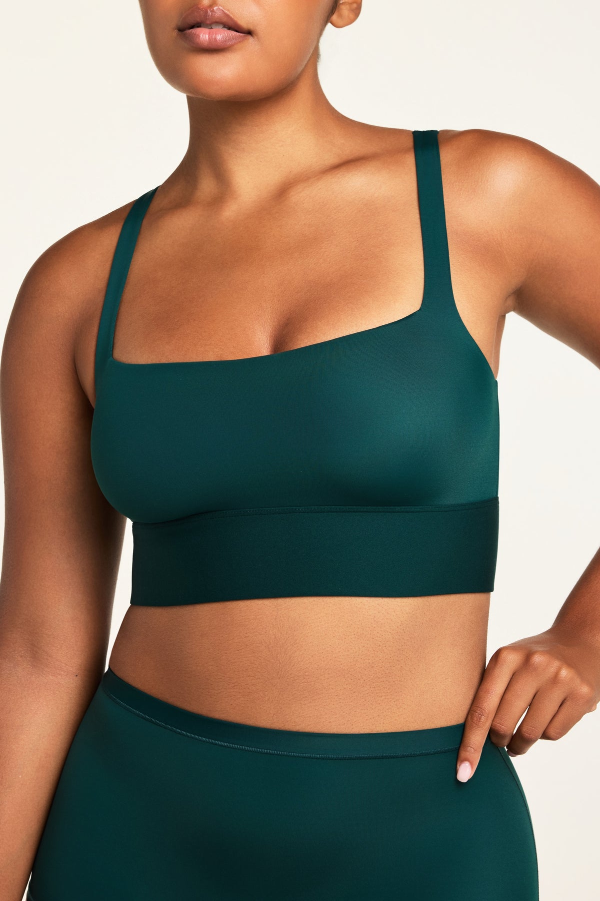 Three-quarter back view of the Bliss Square Neck Bralette in Pine paired with the Bliss Boyshort in Pine.