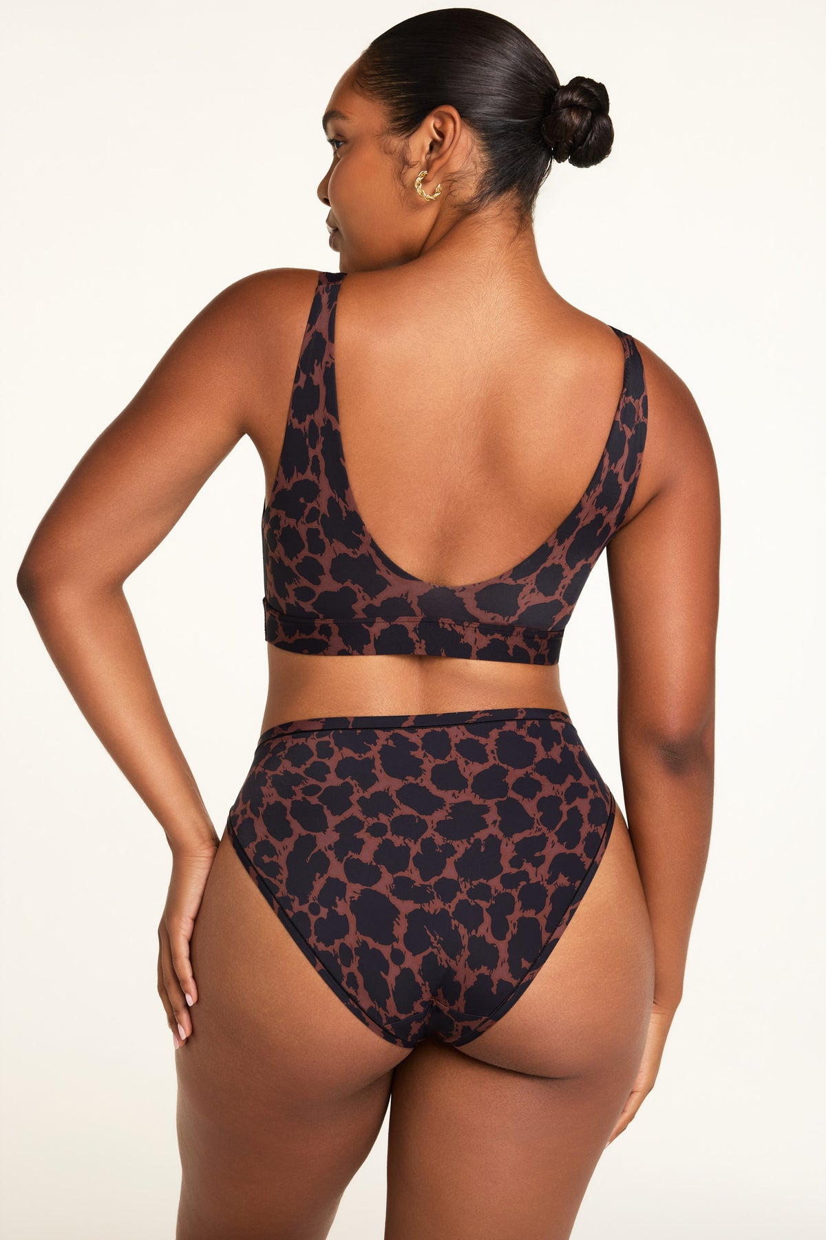 Back on-model view of the Bliss French Cut Brief in Leopard paired with the Bliss Bralette in Leopard.