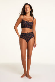 Back on-model view of the Bliss Highwaist Brief in Leopard paired with the Bliss Square Neck Bralette in Leopard.