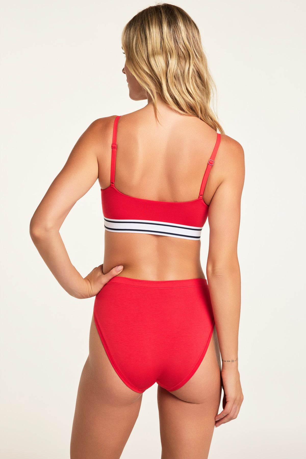 Back on-model view of the Cloud Cotton French Cut Brief in Cherry paired with the Cloud Cotton Bandeau Bralette in Cherry.