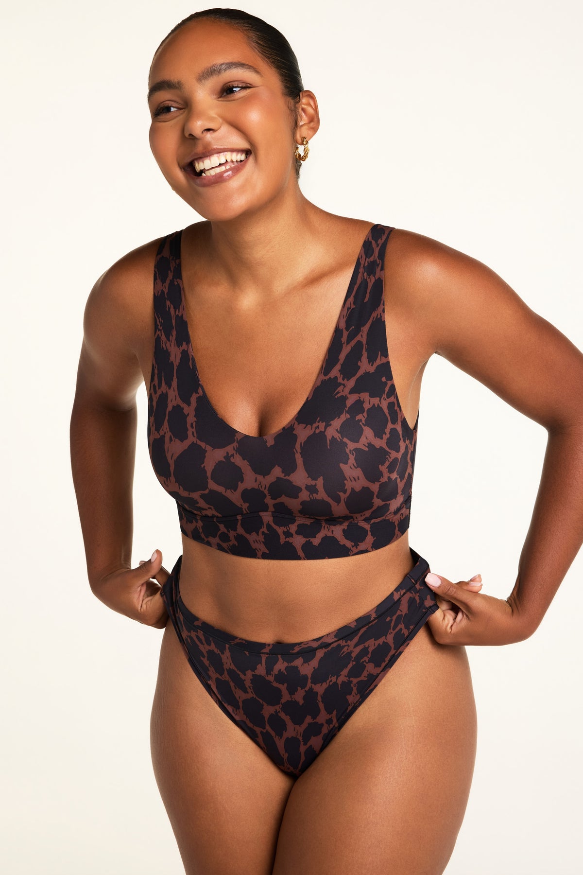 Back on-model view of the Bliss Bralette in Leopard paired with the Bliss French Cut Brief in Leopard.