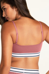 Back on-model view of the Cloud Cotton Bandeau Bralette in Winter Rose paired with the Cloud Cotton Pant in Winter Rose.
