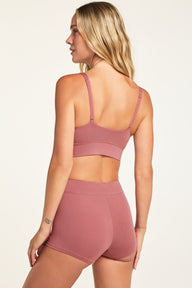 Back on-model view of the Cloud Cotton Plunge Bralette in Winter Rose paired with the Cloud Cotton Highwaist Boyshort in Winter Rose.